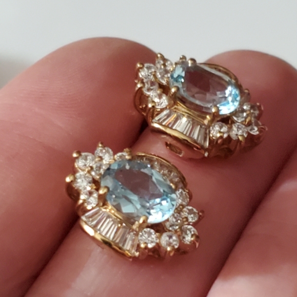 Topaz earrings tourmaline baguettes oval ice blue Genuine natural pierced gold - Picture 9 of 16